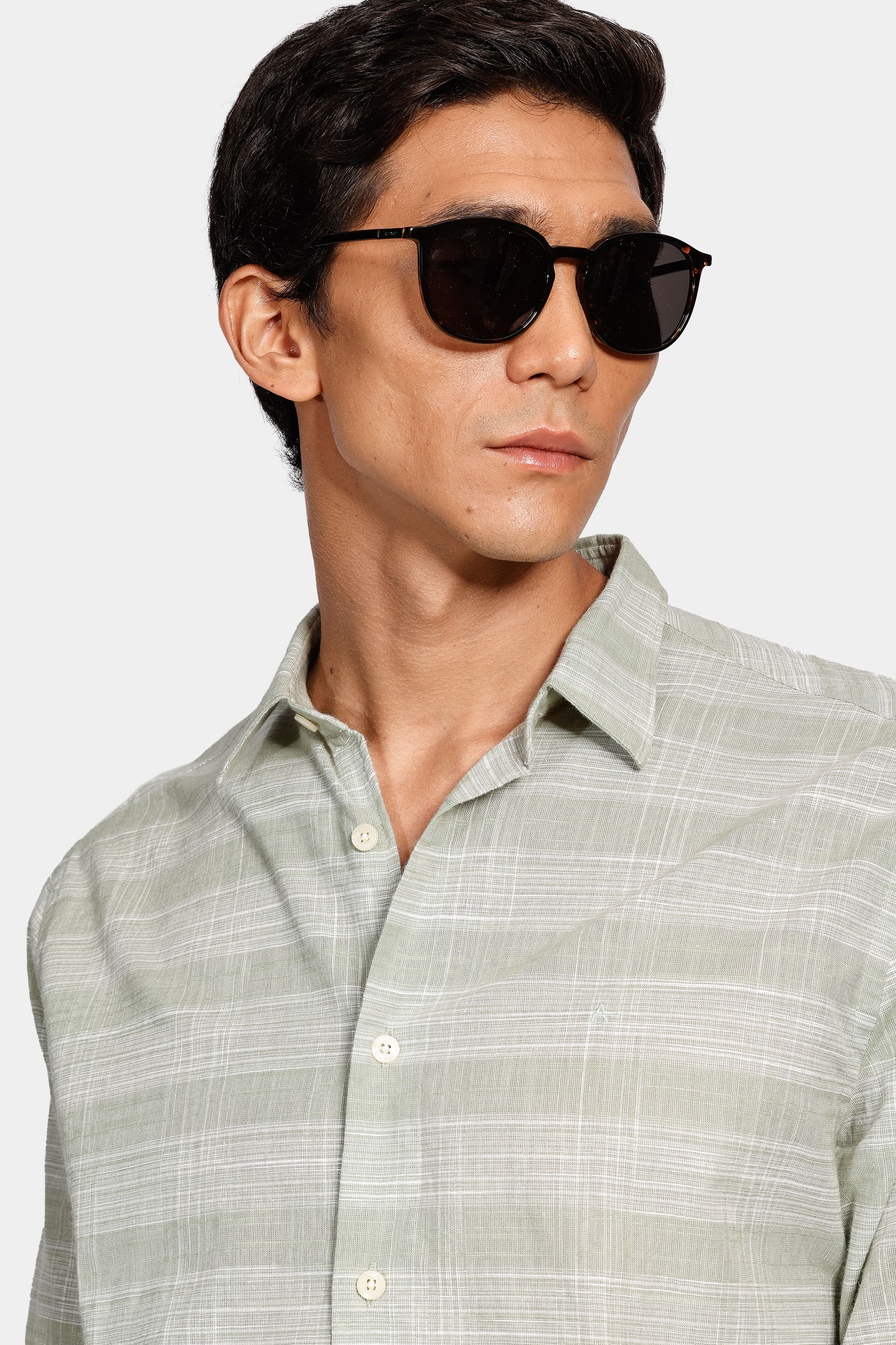 Camisa Manga Longa Move Slim Flamê Xadrez Riscado Verde Com Natural