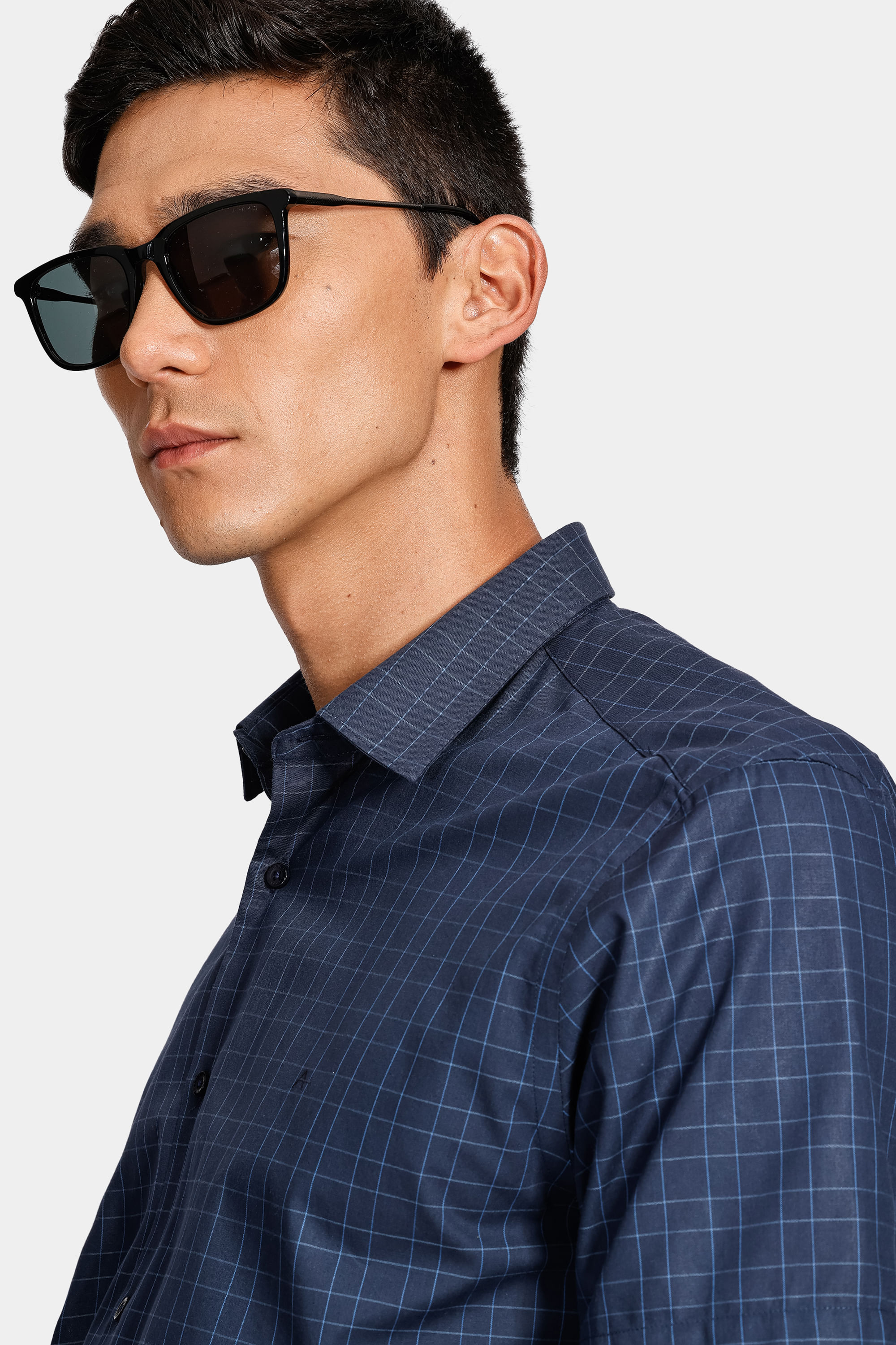 Camisa Manga Curta Cosmo Slim em Tricoline Xadrez Marinho