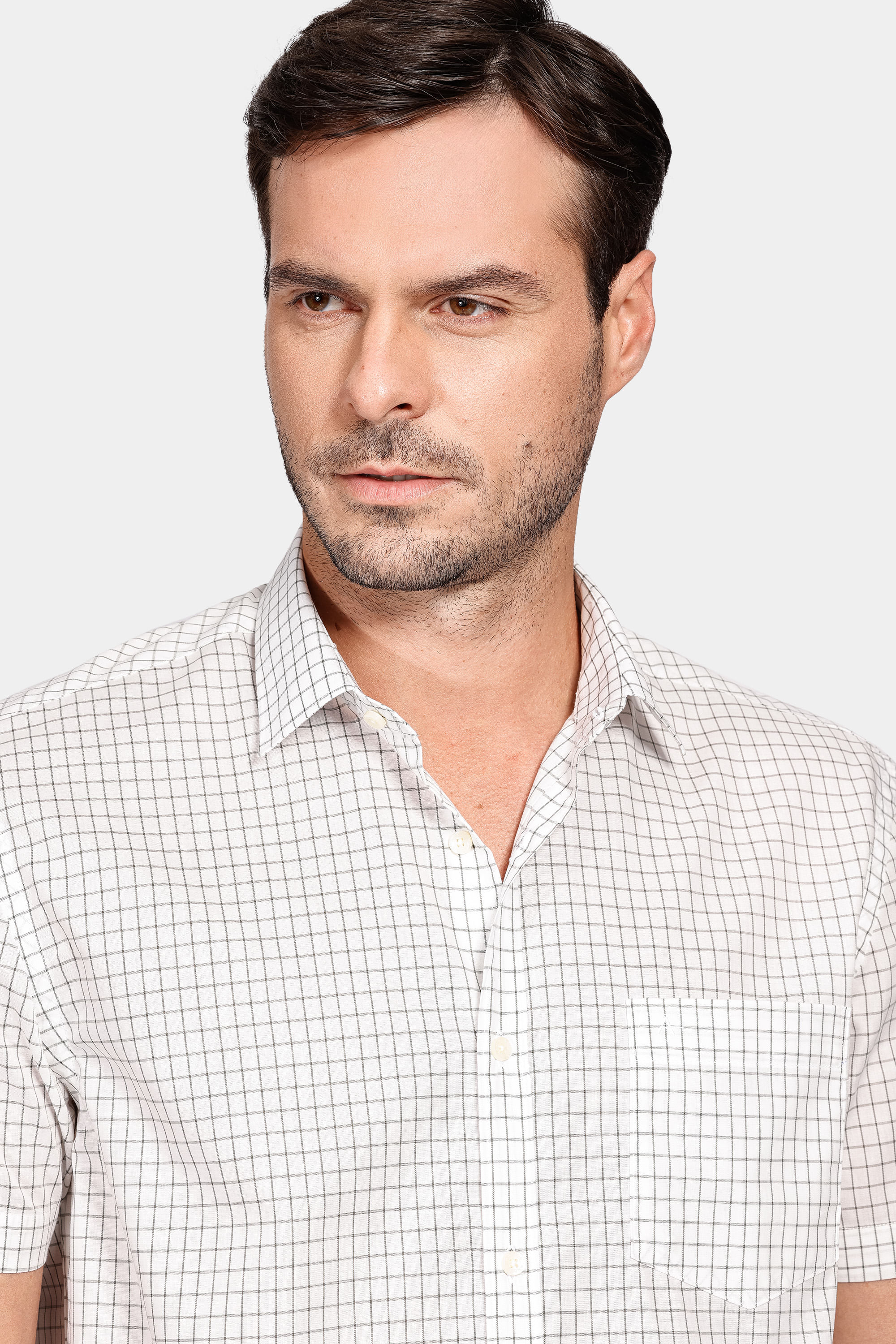 Camisa Regular Algodão Xadrez Branco Com Verde Militar