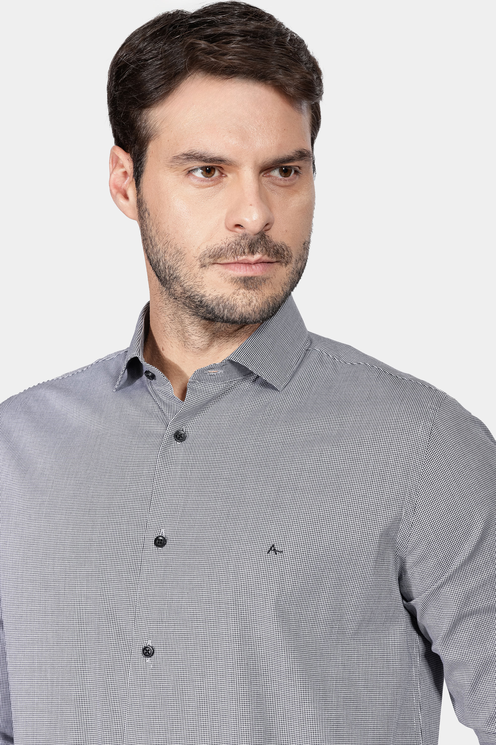 Camisa Slim Micro Xadrez Branco Com Preto