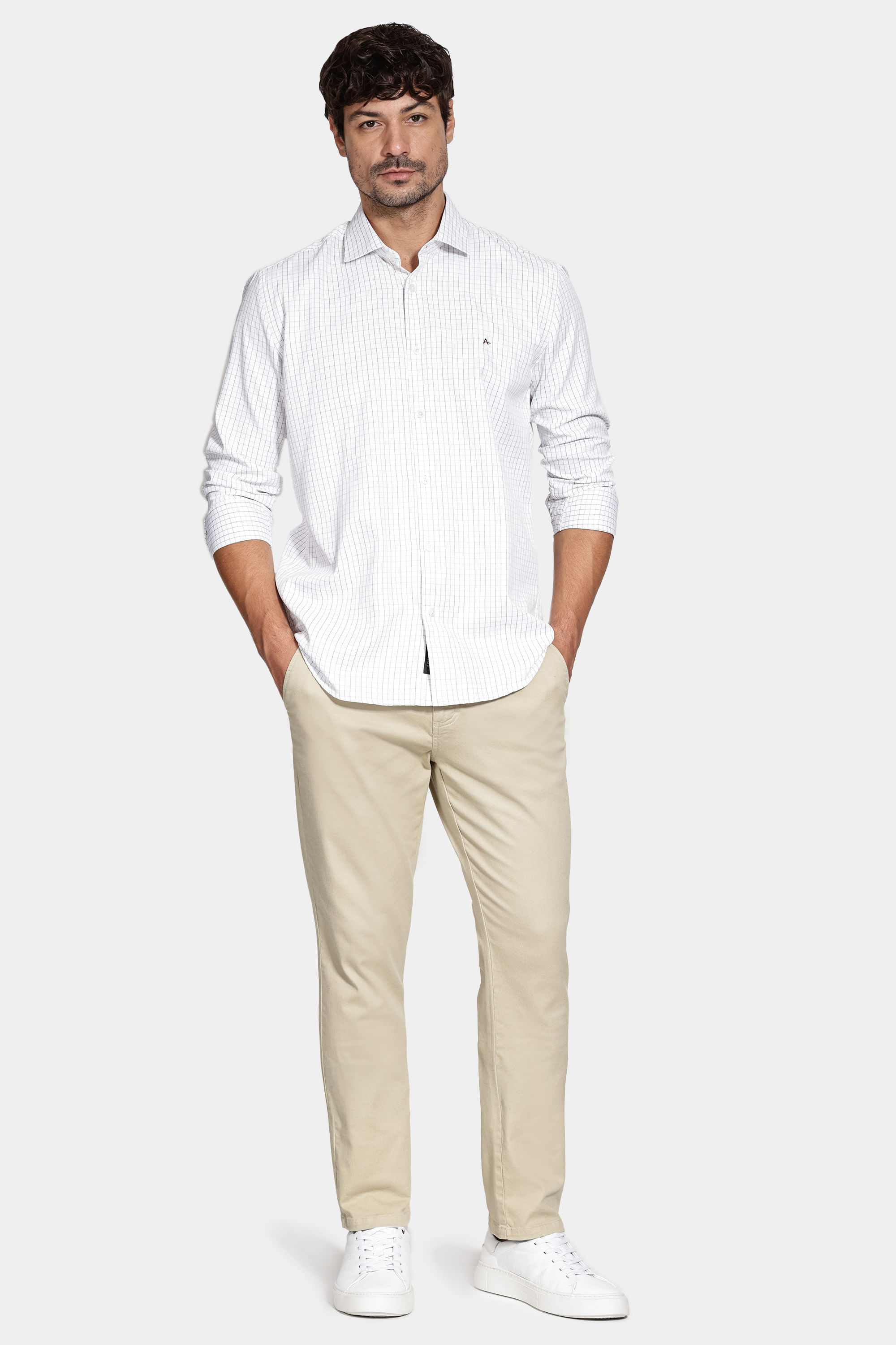 Camisa Slim Tricoline Xadrez Maquinetada Branco Com Caqui