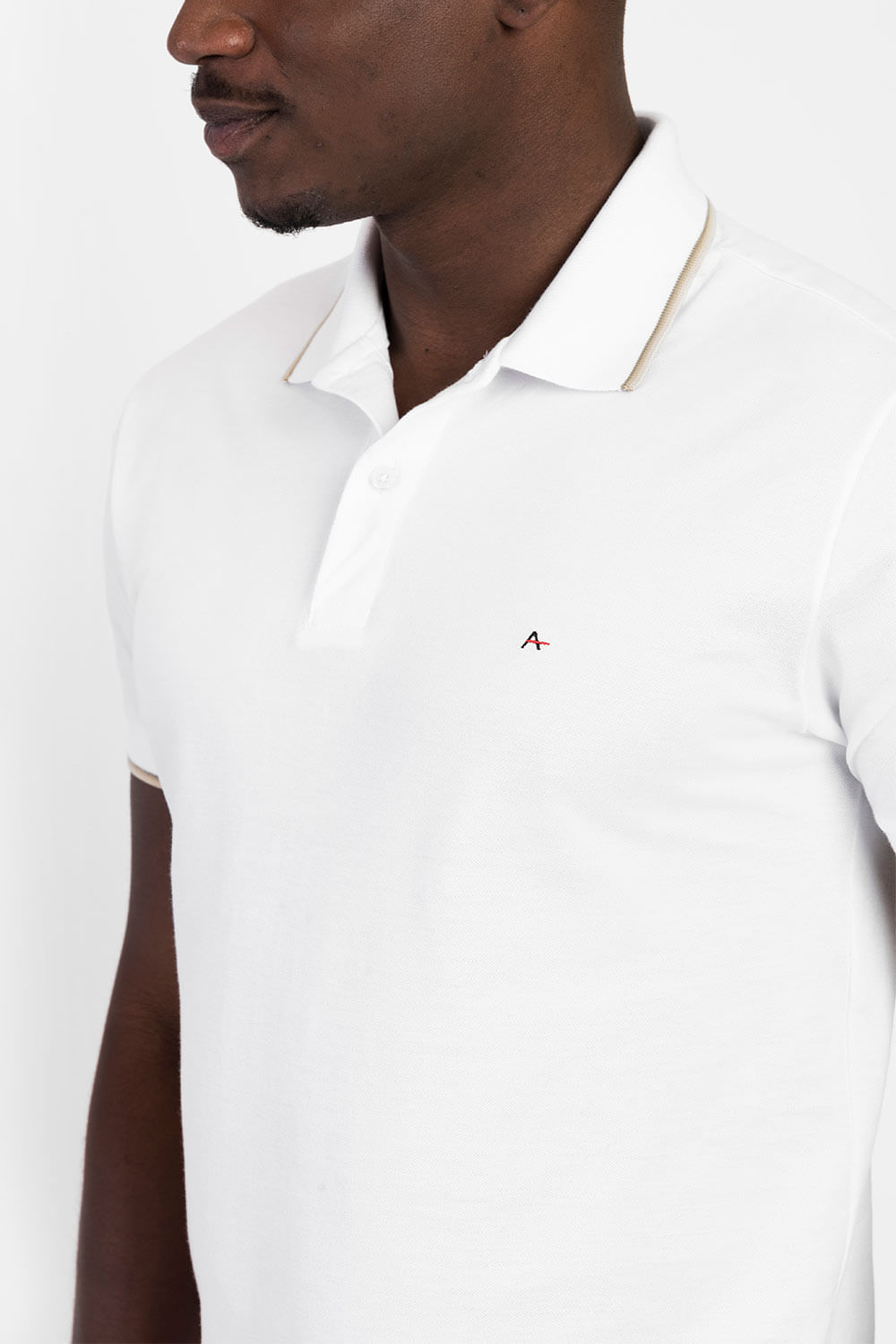 Polo Básica Gola 3 Frisos Branco Com  Caqui