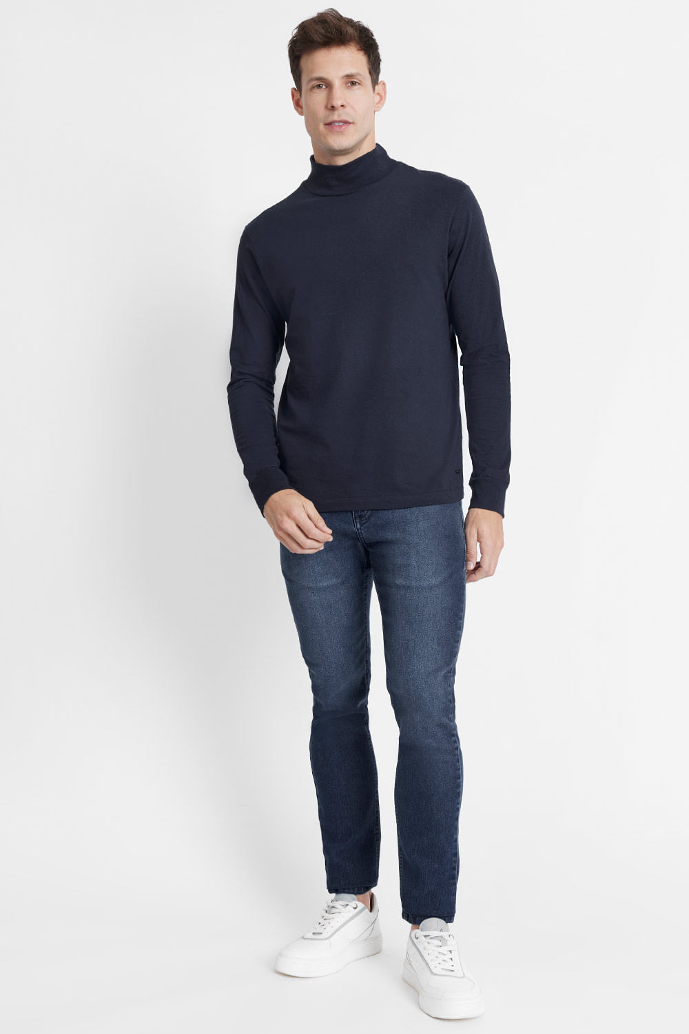 Camiseta Manga Longa em Algodão com Gola Turtleneck Cinza